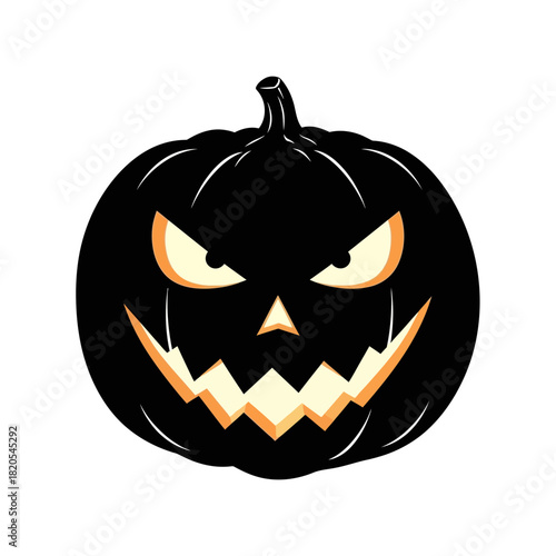 Black evil jack o lantern pumpkin face with glowing eyes and sharp teeth vector illustration