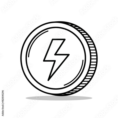 Doodle style coin icon with a lightning bolt symbol representing energy, power, or electricity, vector illustration