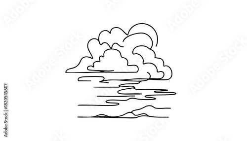 Single line drawing in modern minimalist style of overcast weather with gray skies  with copy space