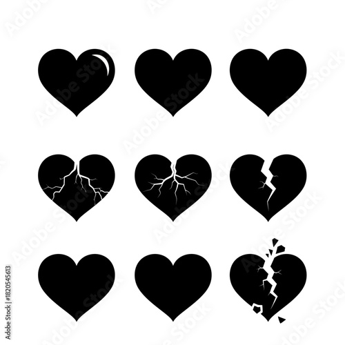 Set of nine black heart icons showing different stages of being broken, vector illustration
