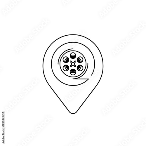 Black and white line art icon of a film reel inside a map location pin, vector illustration