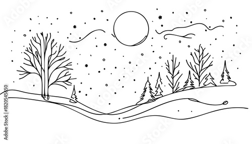 Single line drawing in modern minimalist style of cold winter day with barren landscape on white background with copy space