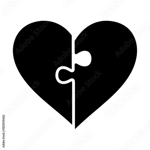 Black silhouette of a heart shape made of two interlocking puzzle pieces, vector illustration