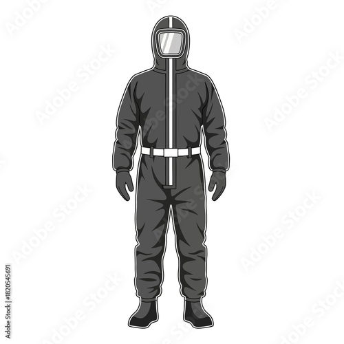 Illustration of a full body protective hazmat suit with hood and clear visor, vector illustration