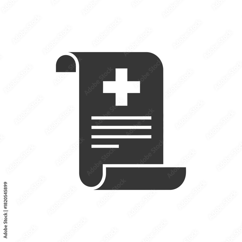 Fototapeta premium Black and white icon of a medical document or prescription paper scroll with a white cross symbol, vector illustration