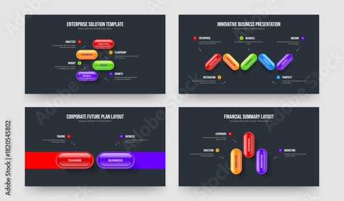 Consulting Planning Four Five Two Three Step Infographic Slideshow Template Vector Illustration Collection. Modern Overview 4 5 2 3 Element Diagram Presentation Design Set.