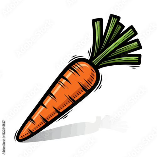 Cartoon illustration of a single fresh orange carrot with green leafy top, vector illustration