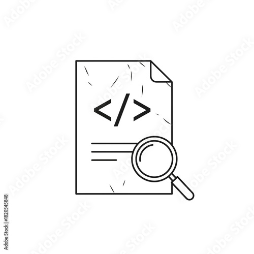 Black and white line icon representing code review or debugging process with a document containing angle brackets and a magnifying glass vector illustration