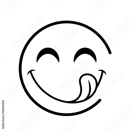 Delicious face emoji licking lips in black and white line art style vector illustration