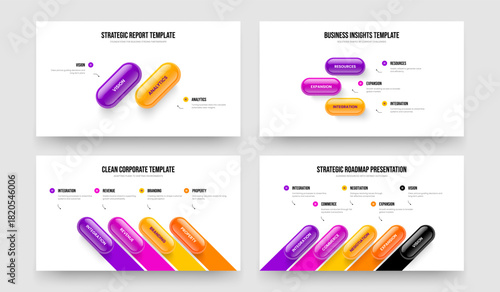 Creative Solution 2 3 4 5 Step Infographic Slide Layout Collection. Product Plan Two Three Four Five Element Diagram Slideshow Design Vector Illustration Bundle.