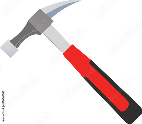 A simple illustration of a classic claw hammer with a red handle showcased