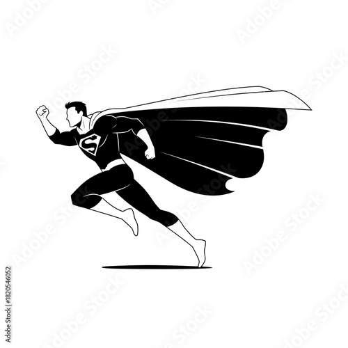 Stylized black and white silhouette of a superhero running with a flowing cape, vector illustration