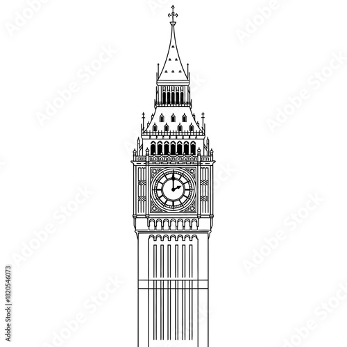 Black and white line art drawing of the elizabeth tower, home to big ben, vector illustration