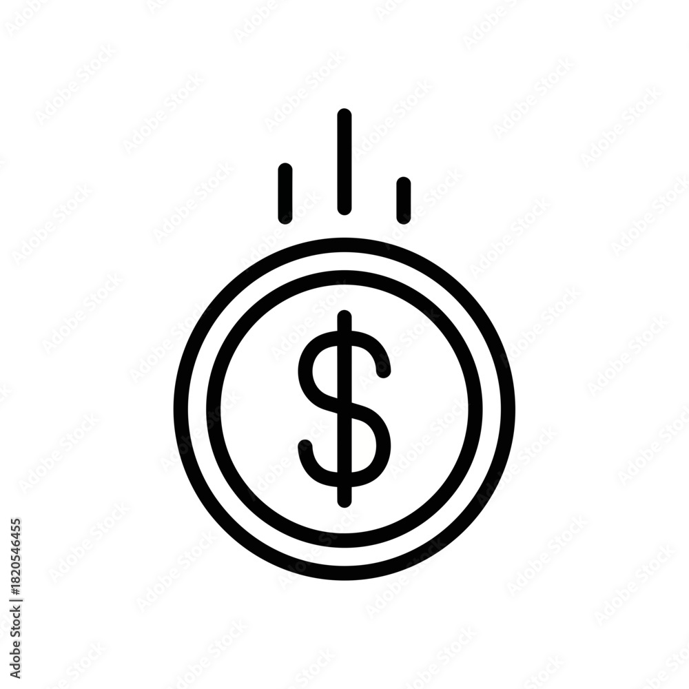 Obraz premium Simple black and white line icon of a falling dollar coin with motion lines, vector illustration