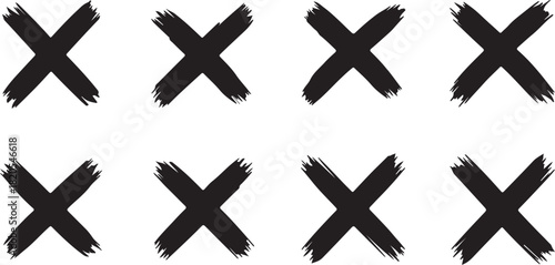 Eight Black Brush Stroke X Marks on White Background Keywords: x mark, cross, symbol, brush stroke, grunge, hand drawn, graphic, design element, isolated, white background, on transparent background