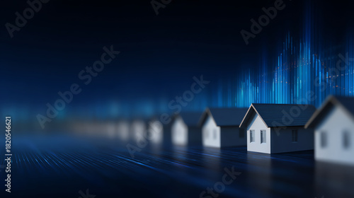 Row of miniature white houses on a dark reflective surface with abstract blue digital data bars rising in the background, symbolizing real estate and market trends