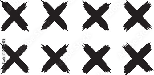 Eight Black Brush Stroke X Marks on White Background Keywords: x mark, cross, symbol, brush stroke, grunge, hand drawn, graphic, design element, isolated, white background, on transparent background