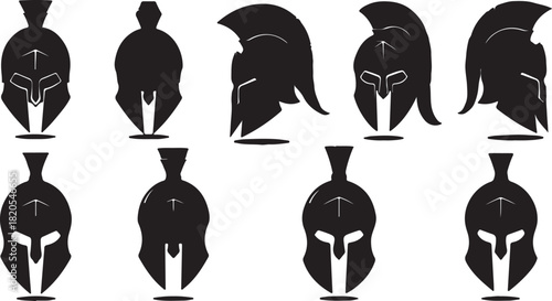 Collection of Spartan helmet silhouettes in various poses greek warrior on transparent background