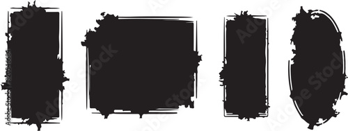 Four Black Grunge Frames Rectangular and Oval Shapes on White Background Keywords: frame, border, grunge, distressed, rough, textured, black, silhouette, design element, on transparent background