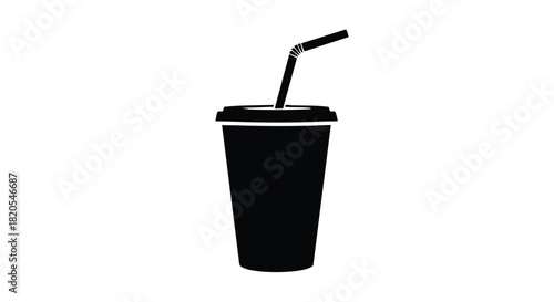 Black silhouette of a disposable drink cup with straw icon vector