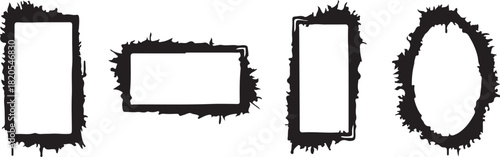 Set of Four Black Grunge Frames in Different Shapes and Sizes on White Background border rough on transparent background