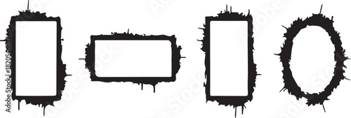 Set of four distressed black graphic frames with rough edges and white inner space border grunge on transparent background