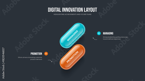 Advertising Analysis Slideshow Template Vector Illustration. Company Visualization 2 Step Infographic Frame Design. Sales Review Two Element Diagram Presentation Layout.