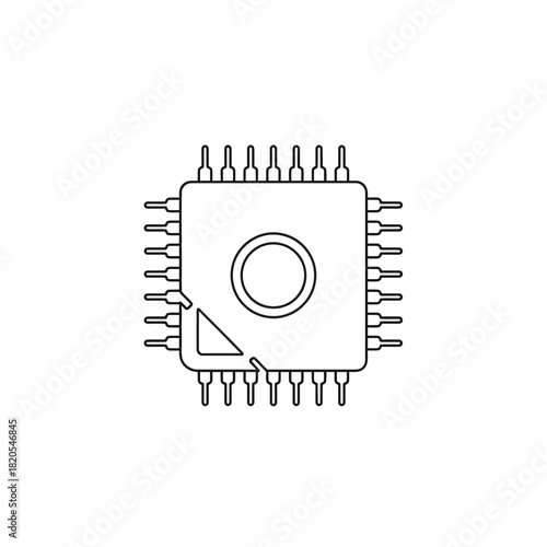Outline vector drawing of a square integrated circuit chip with multiple pins, vector illustration