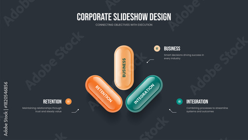 Product Plan 3 Step Diagram Slide Layout. Professional Portfolio Presentation Design Vector Illustration. Investor Report Three Option Infographic Frame Template.