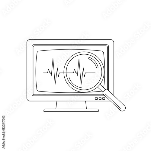 Line art of computer monitor displaying heart rate waveform with magnifying glass examining the signal vector illustration