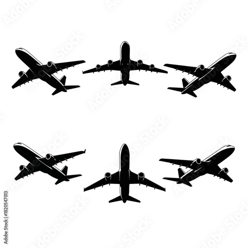 Set of six black silhouette icons of commercial passenger jet airplane views vector illustration
