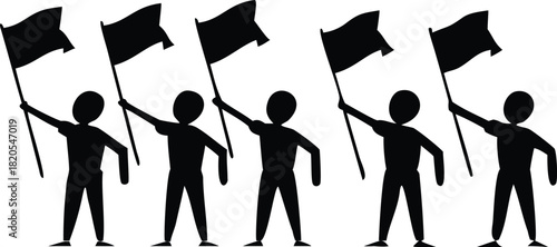 A group of silhouetted figures proudly waving black flags in unified demonstration