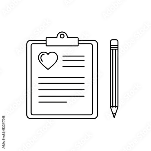 Outline icon of a medical clipboard with a heart symbol and a pencil for health record or patient history documentation vector illustration