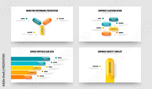 Visual Solution 3 4 5 1 Element Diagram Presentation Layout Set. Enterprise Proposal Three Four Five One Option Infographic Slide Template Vector Illustration Collection.