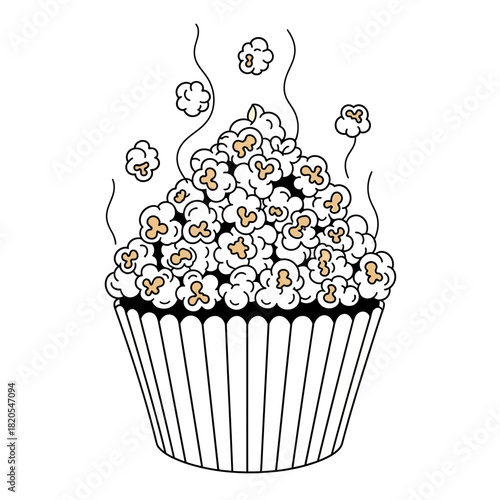 Hand drawn black and white illustration of freshly popped, steaming hot popcorn in a striped paper container vector illustration