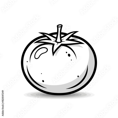 Black and white cartoon illustration of a fresh tomato with stem and leaves, vector illustration