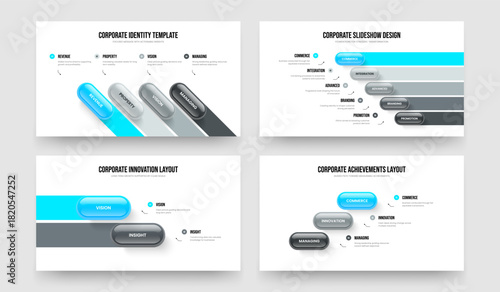 Market Showcase Four Five Two Three Step Infographic Frame Design Vector Illustration Set. Service Solution 4 5 2 3 Element Diagram Presentation Layout Collection.