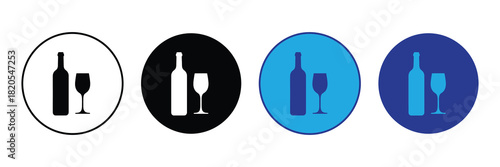 Set of icons featuring a wine bottle and glass silhouette in circles of varying colors: white, black, blue, and purple, representing beverages.