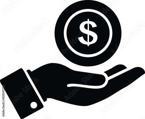 A black and white illustration depicts a hand holding a dollar coin