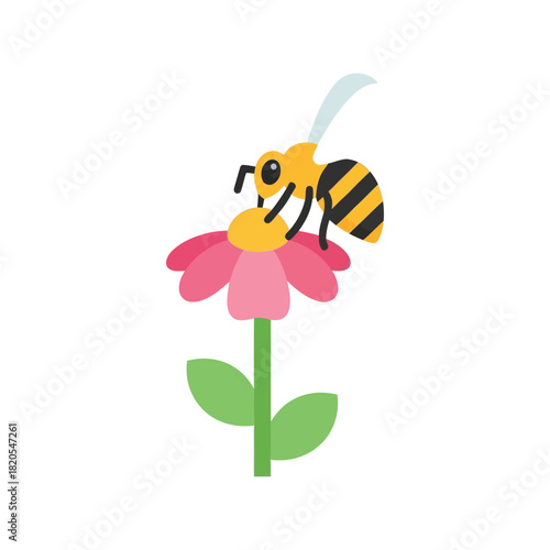 Cute cartoon bee on pink flower pollinating vector illustration