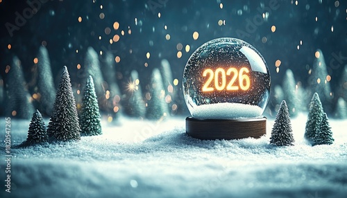 Snowy 2026 globe scene with trees and magical backdrop