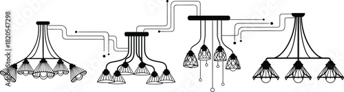 Collection of complex modern and abstract light fixture chandelier designs with multiple bulbs and wiring, elegant interior electric decor element set.