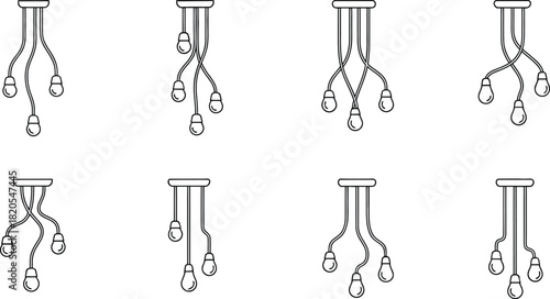 Collection of vertical hanging light bulb chandeliers and ceiling fixtures, elegant line art decorative design for modern interior, electric, or decor concepts set.