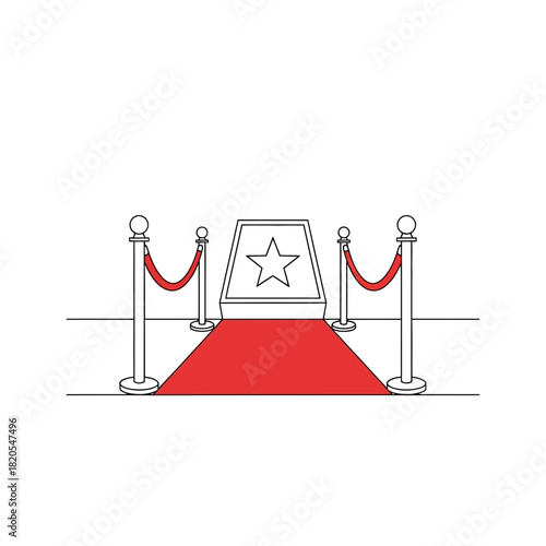 Simple line art illustration of a red carpet leading to a star plaque, vector illustration