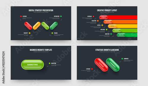 Project Development Four Five One Two Element Diagram Slide Layout Vector Illustration Collection. Business Showcase 4 5 1 2 Option Infographic Slideshow Template Bundle.