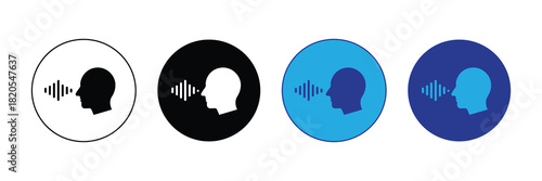 Icon set representing voice input and sound waves, isolated on white, black, and blue circular backgrounds, symbolizing communication and audio technology