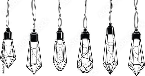 Collection of hanging geometric diamond-shaped light bulbs, elegant line art design for modern industrial, cafe, or architectural interior decoration set.