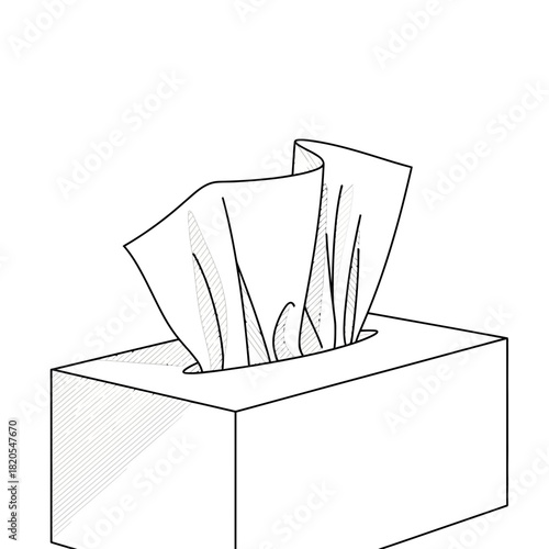Line drawing illustration of a tissue box with a tissue emerging from the opening, vector illustration