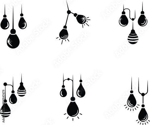 Collection of hanging light bulb icons and logos, modern and vintage teardrop lighting elements for electric, decor, or idea brand identity concepts set.