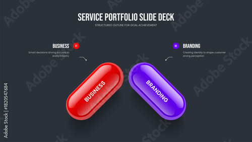 Business Development Frame Layout Vector Illustration. Visual Report 2 Option Infographic Slide Design. Advertising Insight Two Step Diagram Presentation Template.